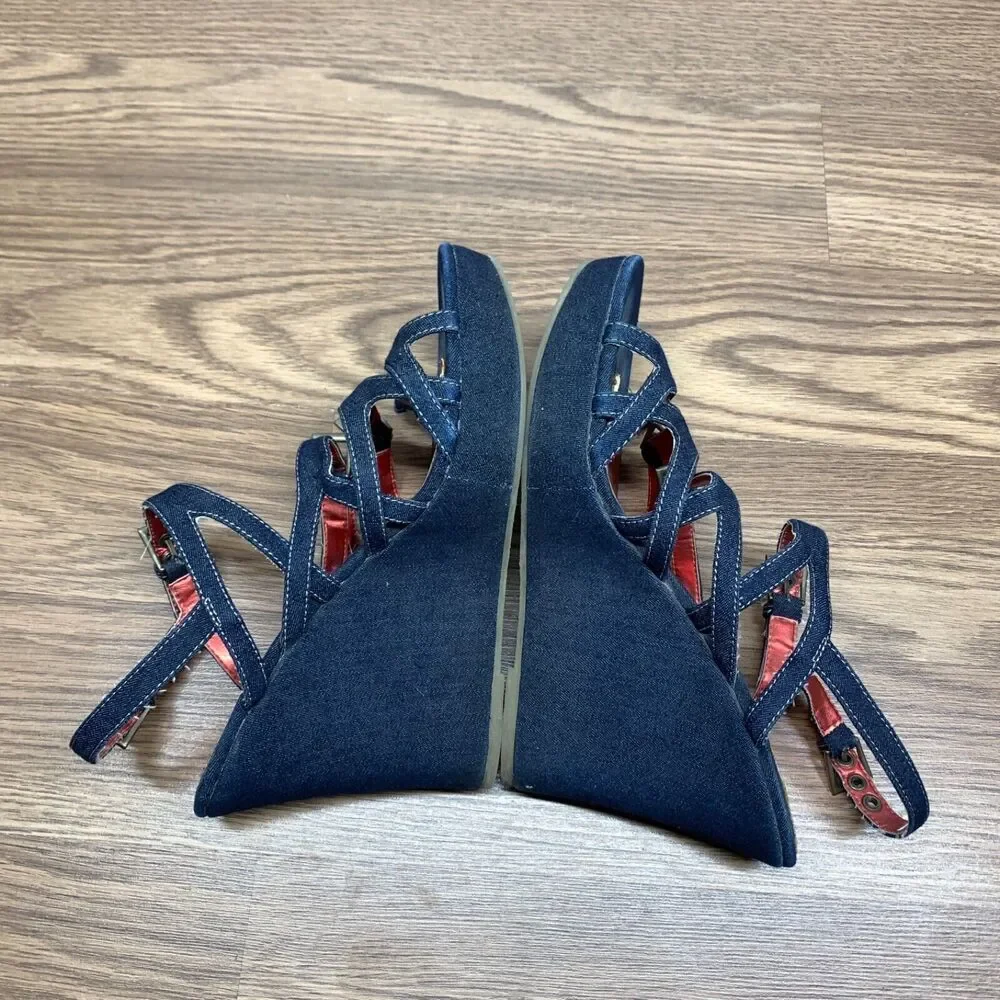 Women's Bongo Y2K‎ Playtime 7M Denim Platform Strappy Wedge Sandals Pre-owned